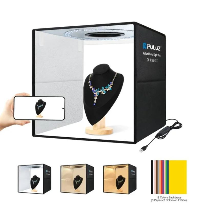 PULUZ Studio Photo Box Portable 40x40cm · Kit Éclairage LED avec 6 Fonds Couleurs