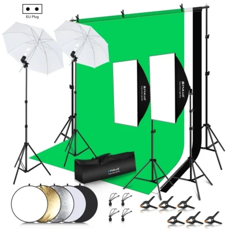 PULUZ PKT3112 Kit Studio Photo Complet 2x3M avec Éclairage Softbox & Parapluie