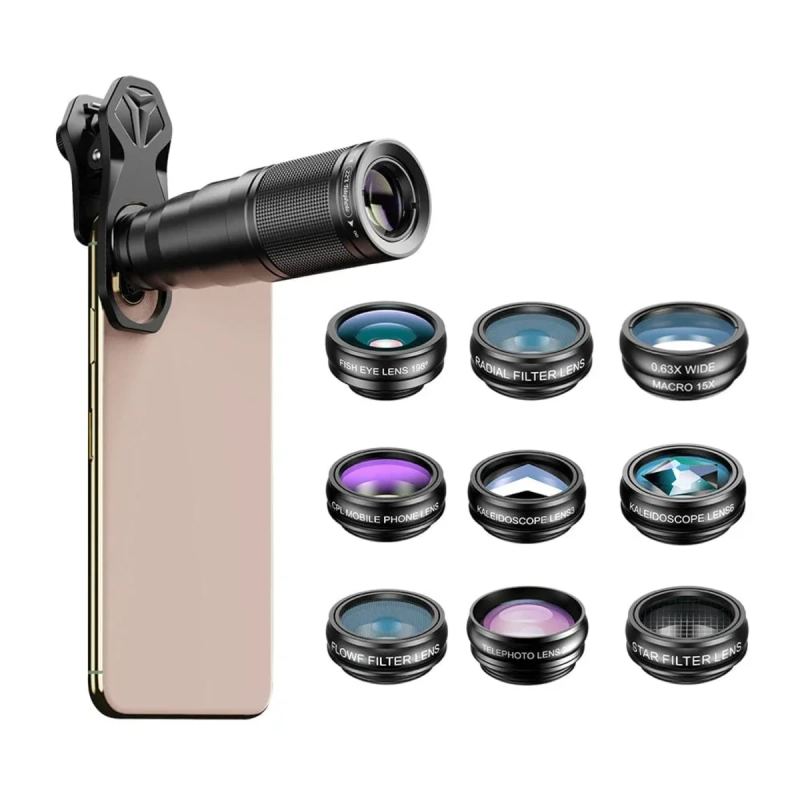 Apexel Kit Objectifs Smartphone 10 en 1 avec Téléobjectif 22x, Grand-Angle, Macro, Fisheye + Trépied et Étui
